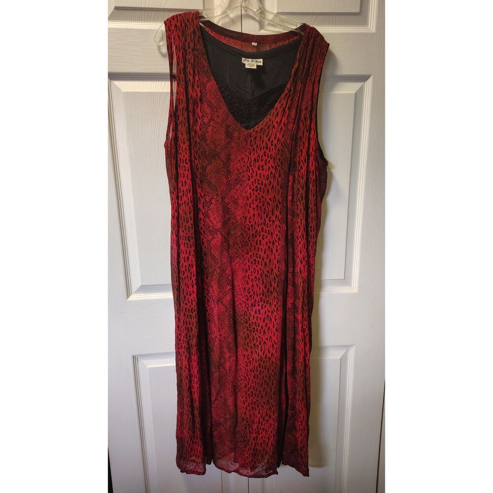 La D Da Red Cheetah Print Maxi Dress 2X Sheer Overlay Lace Trim Slip 2pc Look